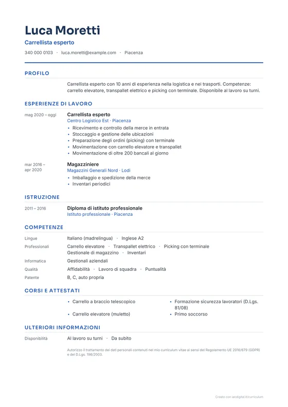 Esempio di curriculum con il modello Classico