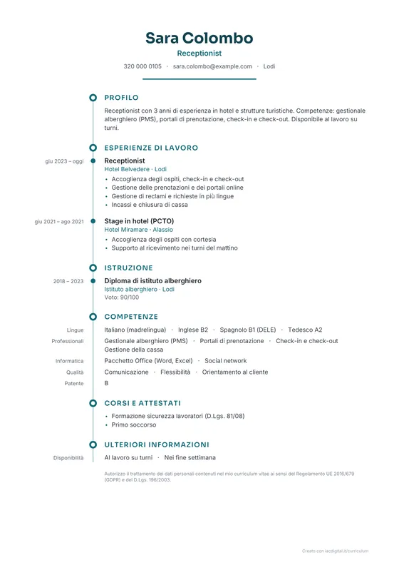 Esempio di curriculum con il modello Cronologico