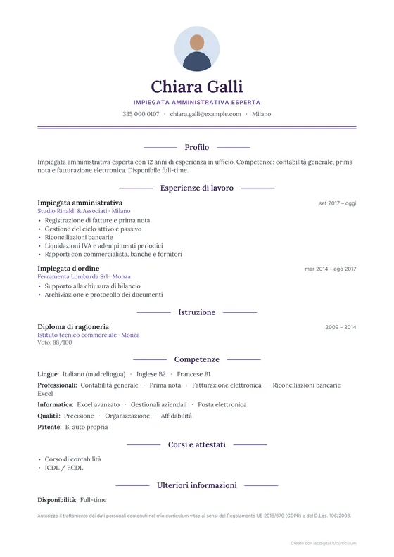Esempio di curriculum con il modello Elegante