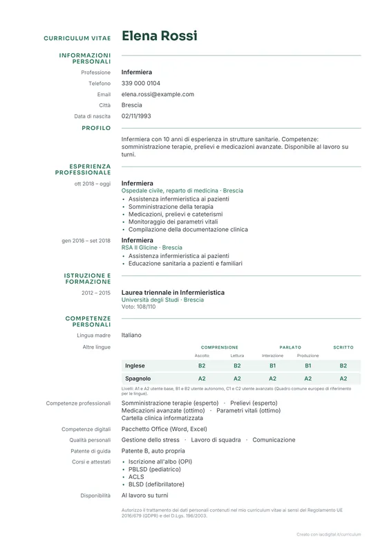 Esempio di curriculum con il modello Europeo