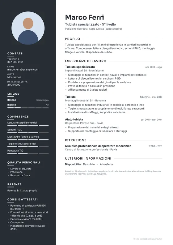Esempio di curriculum con il modello Moderno
